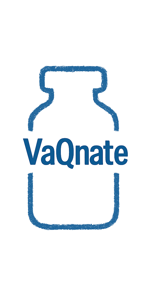 Outline of a vaccine vial with the word VaQnate in bold blue text on a white background.