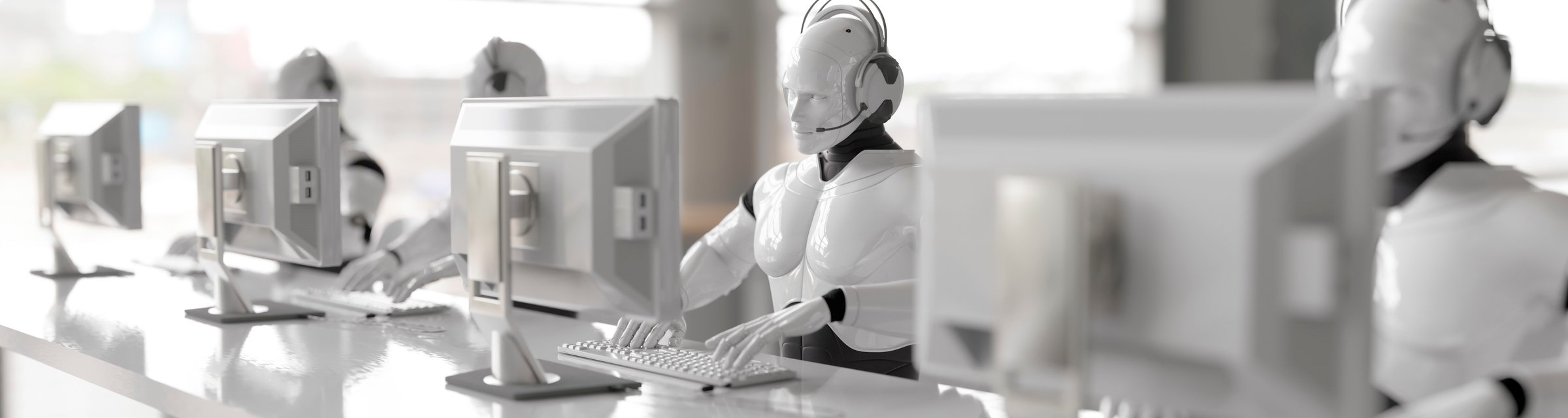 Conceptual computer AI customer service with robots using computers and a headset in a bright office 3d render