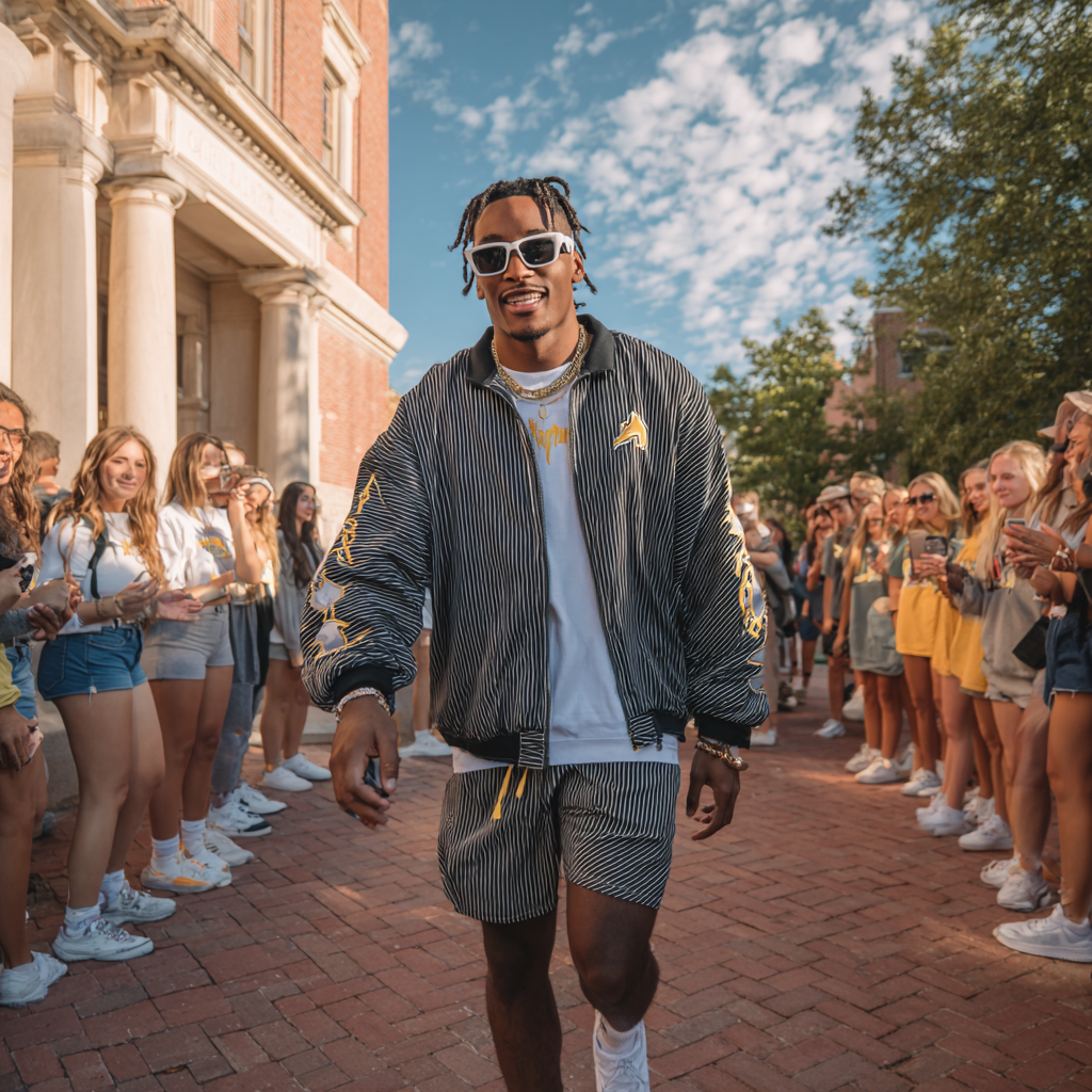 College athlete walking through campus in full brand gear
