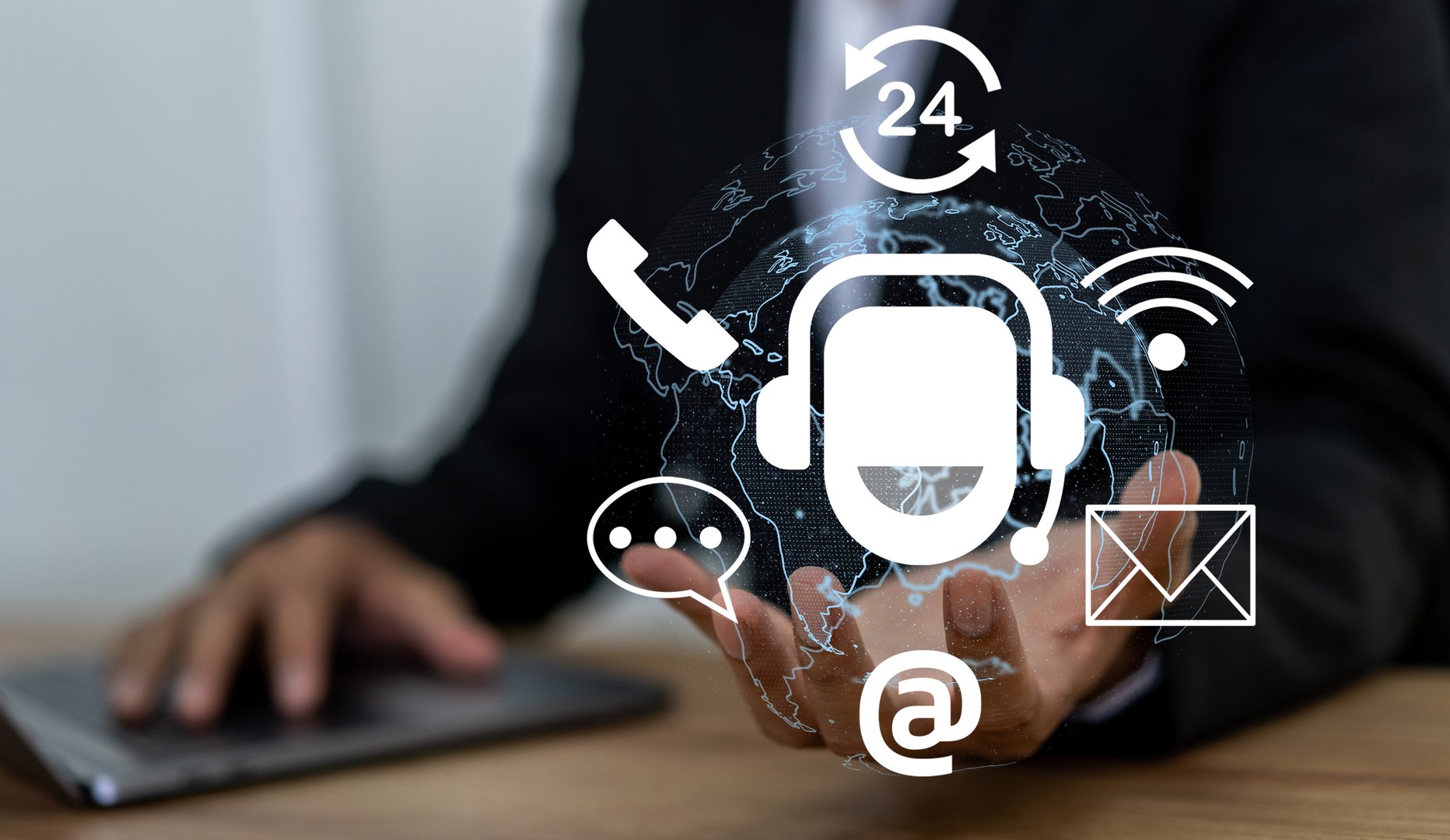 Hand of call center holding on screen contact us, email, address, operator, customer, suppor, phone services agen, customer support hotline.contact us concept