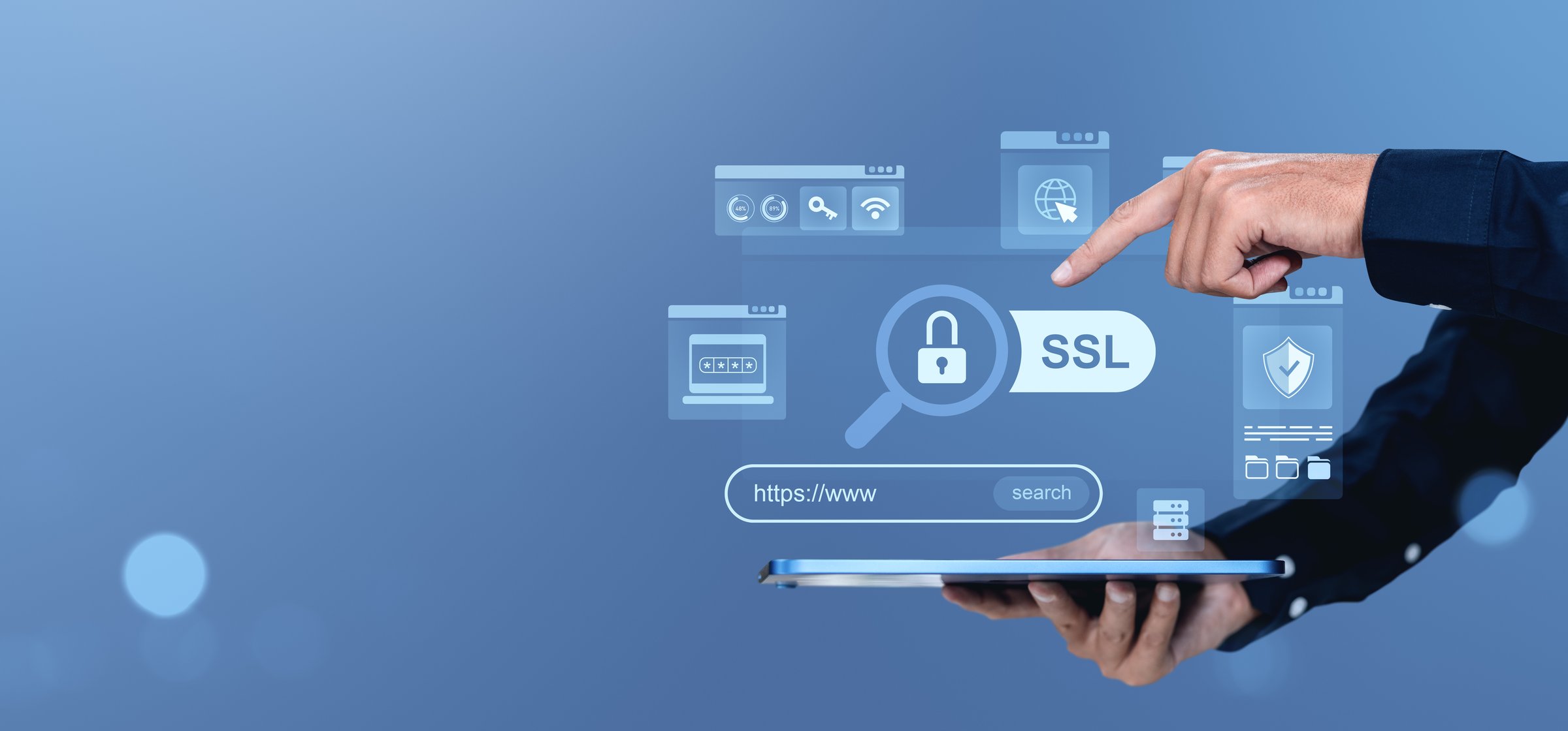 Cybersecurity interface with SSL padlock and browser icons, digital style, blue background. Concept of secure internet and data encryption