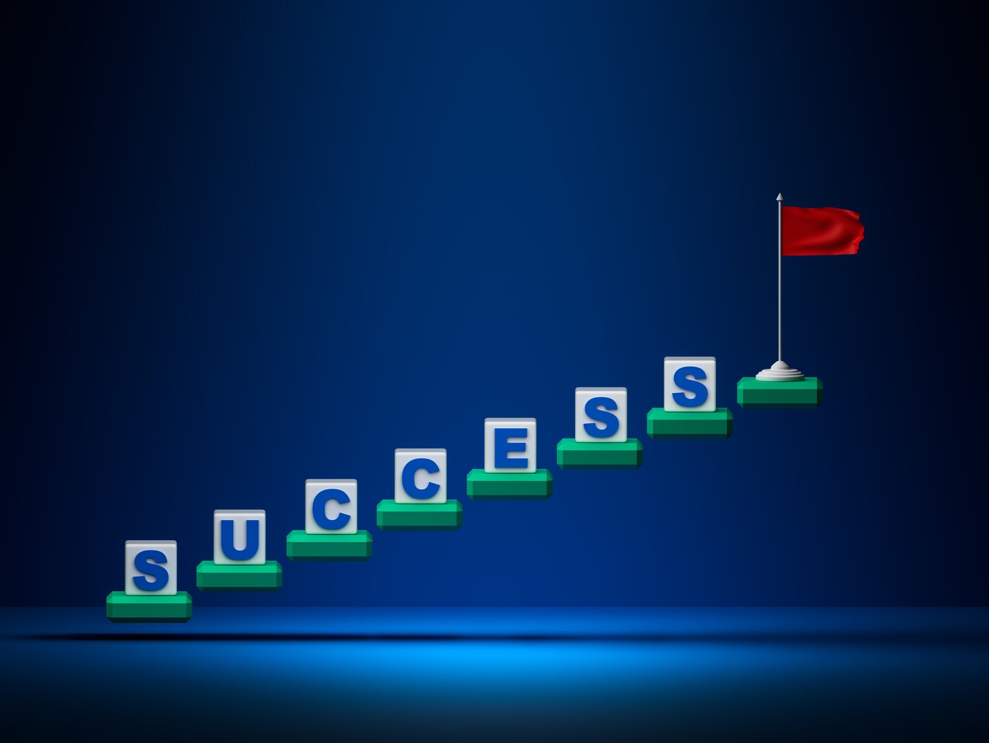 The stairs leading up and a flag placed at the top represent the words victory, number one, highest point, success.