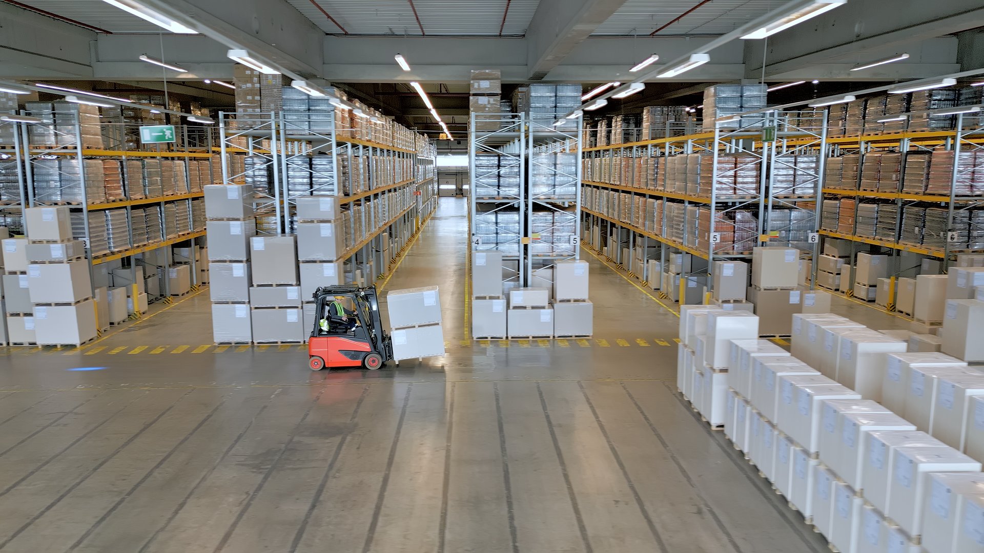 Warehouse with forklift and shelves supply logistics