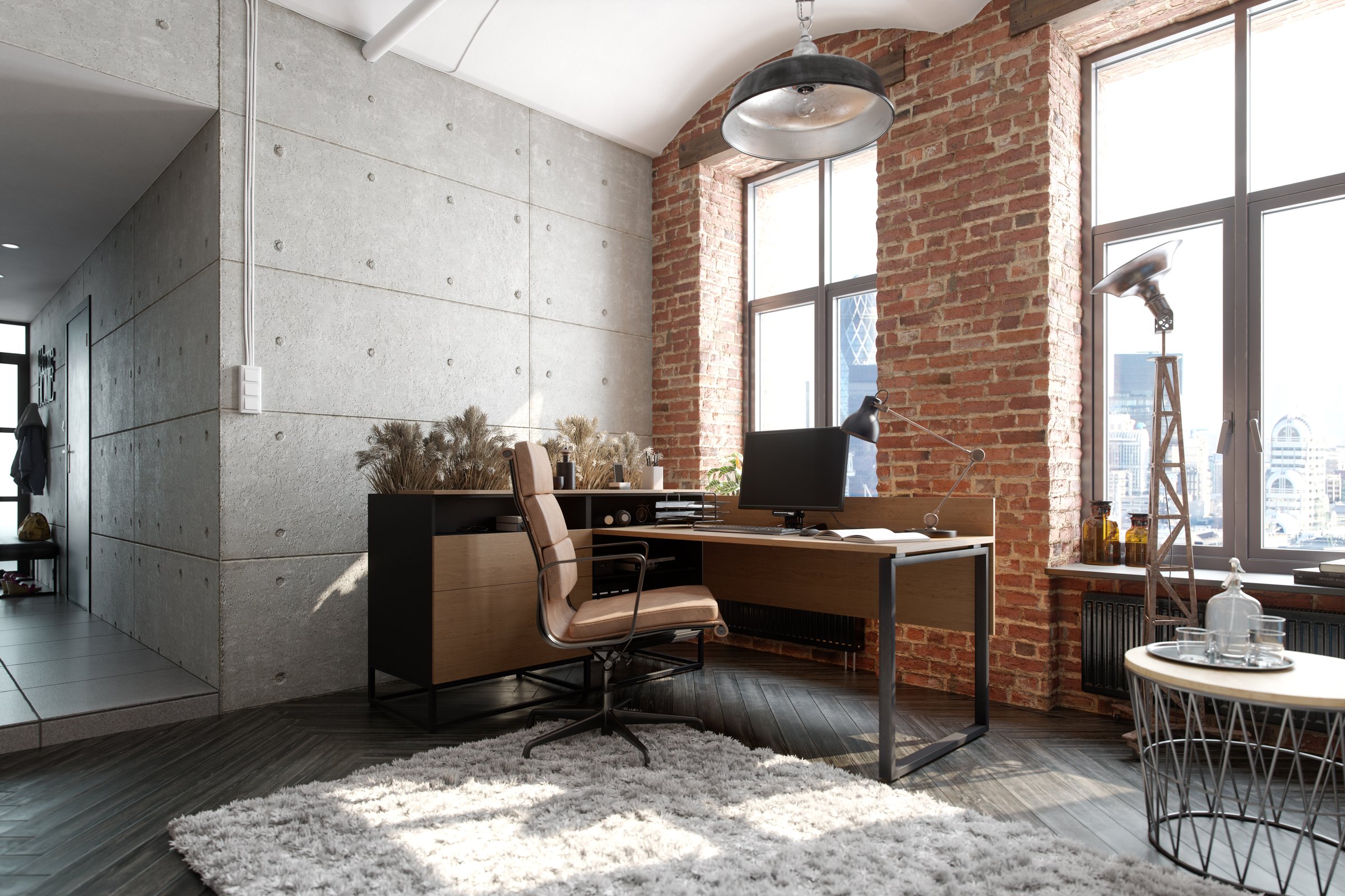 A contemporary home office designed with industrial elements, including exposed brick walls, concrete textures, and metal accents.