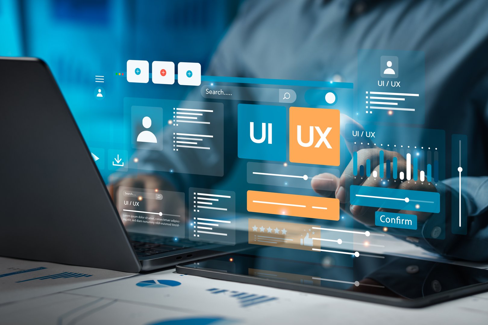 UX-UI development along with web design to develop mobile and laptop app interface layout design