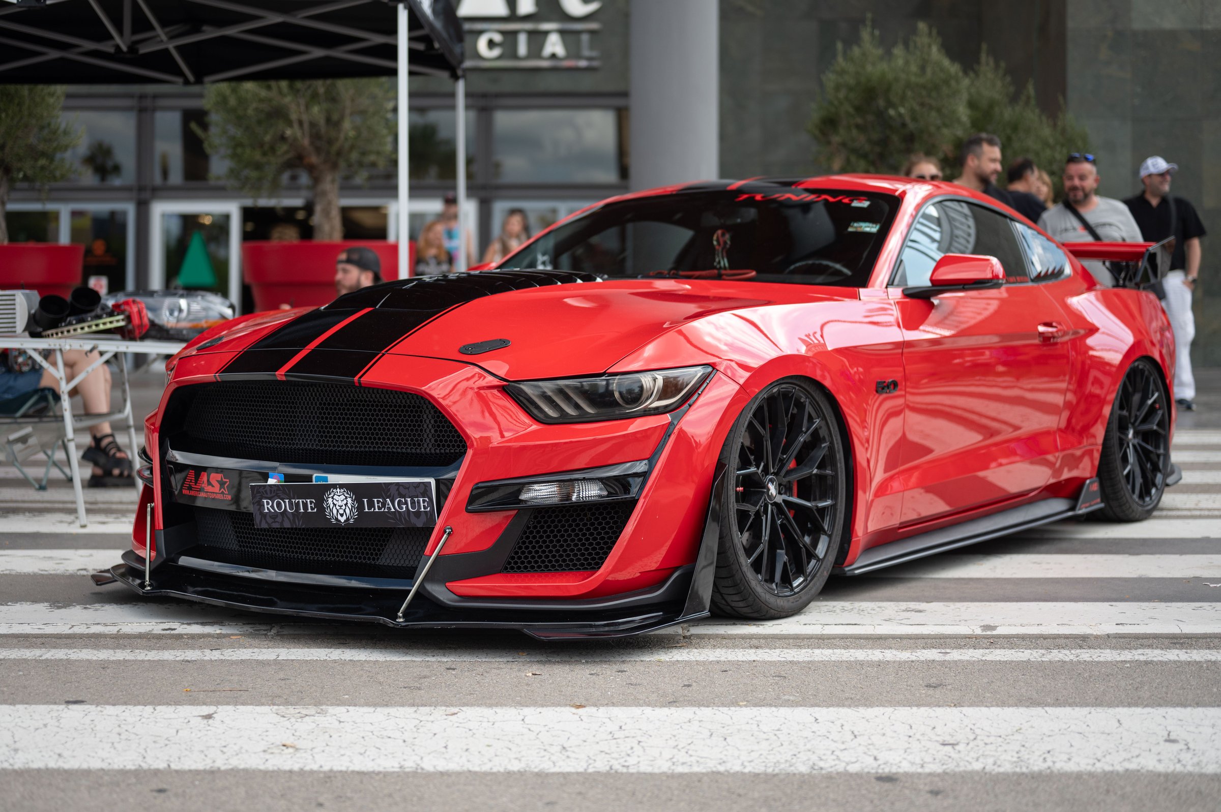 Mataro, Spain – July 07, 2024: Spectacular red and black sixth generation Ford Mustang GT500 at a car meeting. It is very tuned