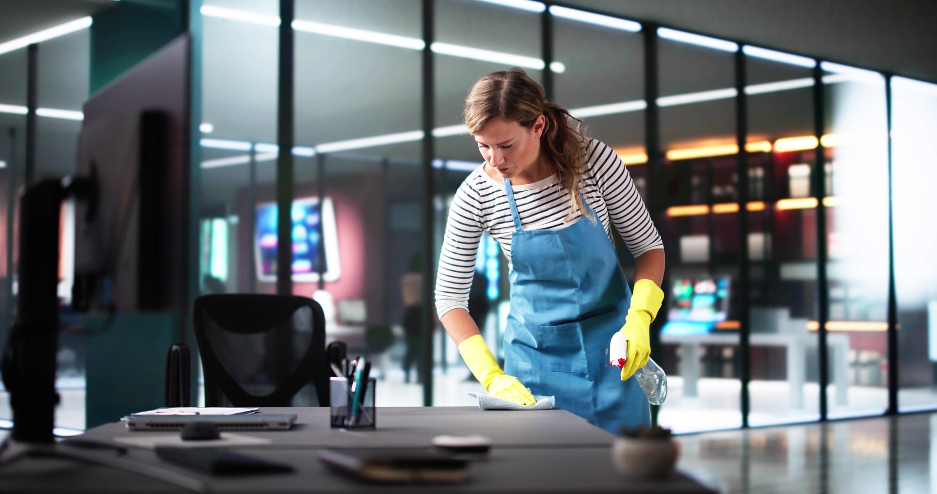 Janitor Cleaning Office Desk. Hygiene Cleaner Service