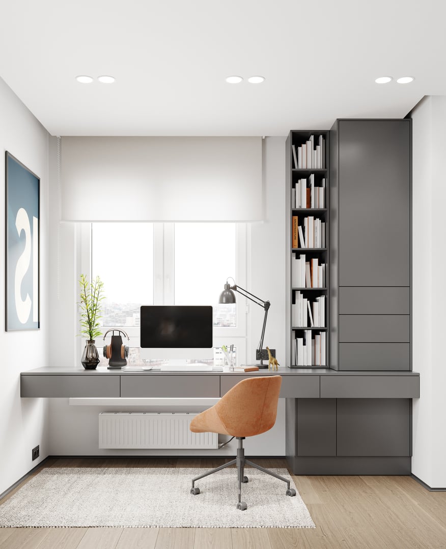 Modern home office with wall desk, bookcase and window lighting. 3d rendering.