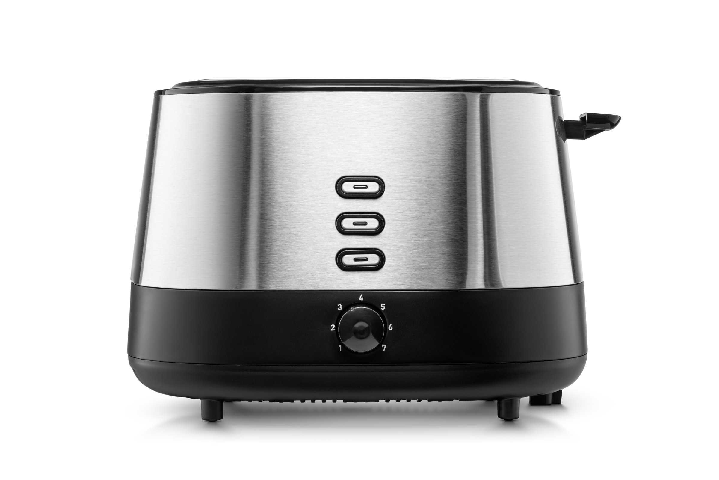 Stylish stainless steel toaster featuring adjustable settings isolated on white background.