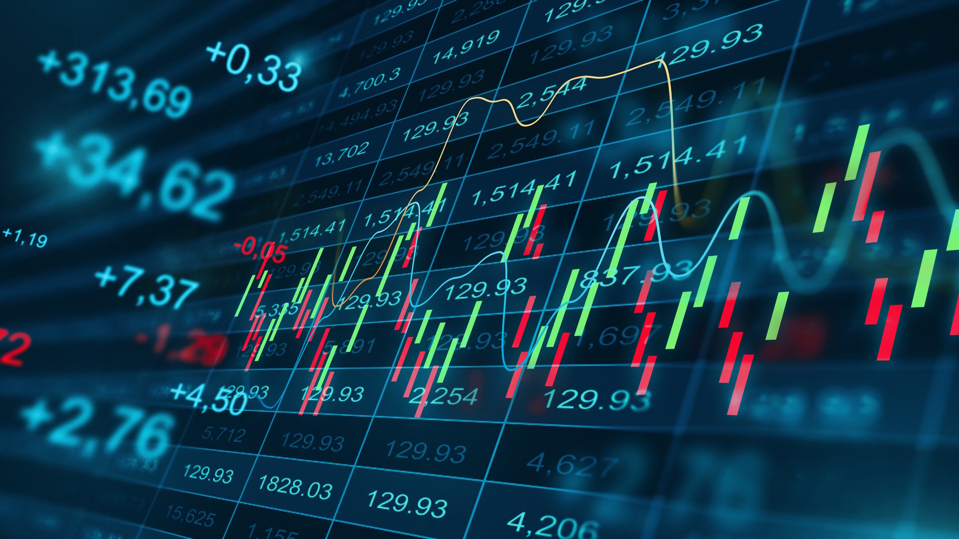 Financial data displays price trends and movements on a trading screen during market hours