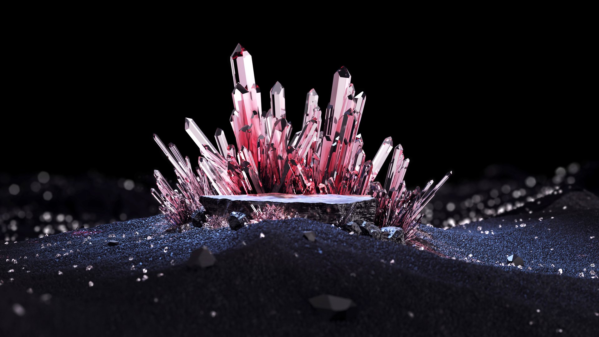 stage podium stand elegant luxury on slope mound black dark red crystal pink transparent place around and as a backdrop grand opening advertisement display rock black. copy space. 3D Illustration.