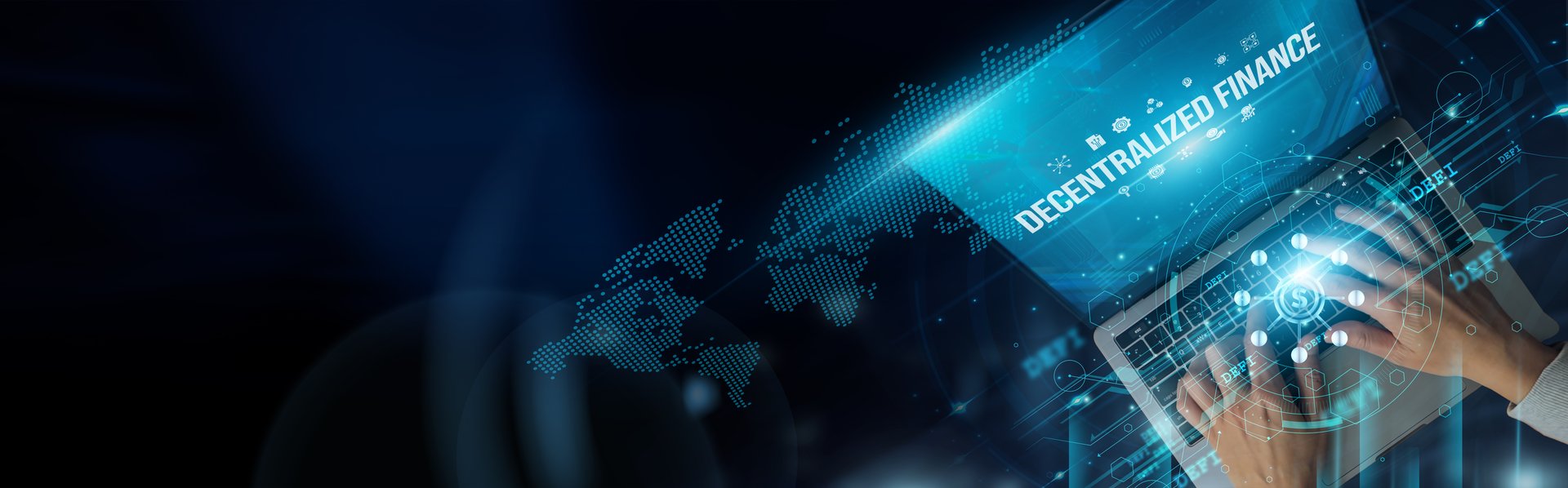 A businessman can use a laptop and Decentralized Finance (DeFi) to engage in peer-to-peer financial transactions directly, bypassing traditional institutions like banks and brokerages.