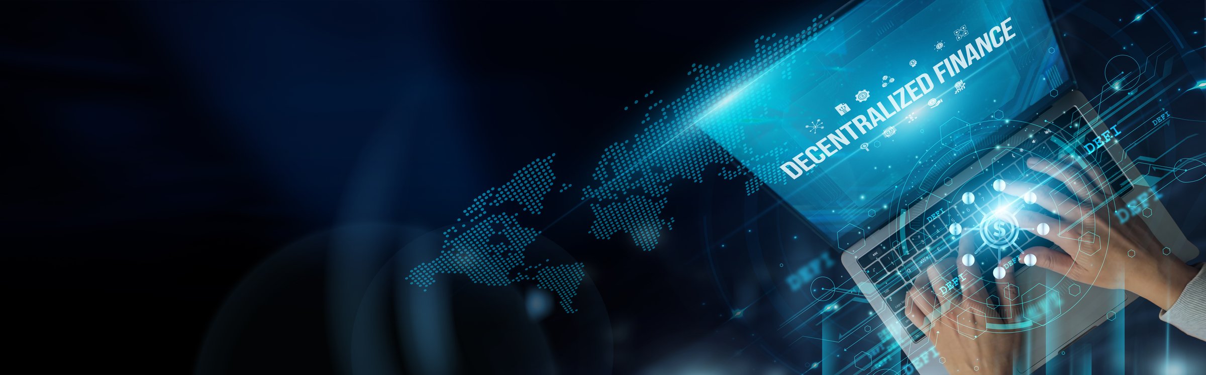 A businessman can use a laptop and Decentralized Finance (DeFi) to engage in peer-to-peer financial transactions directly, bypassing traditional institutions like banks and brokerages.