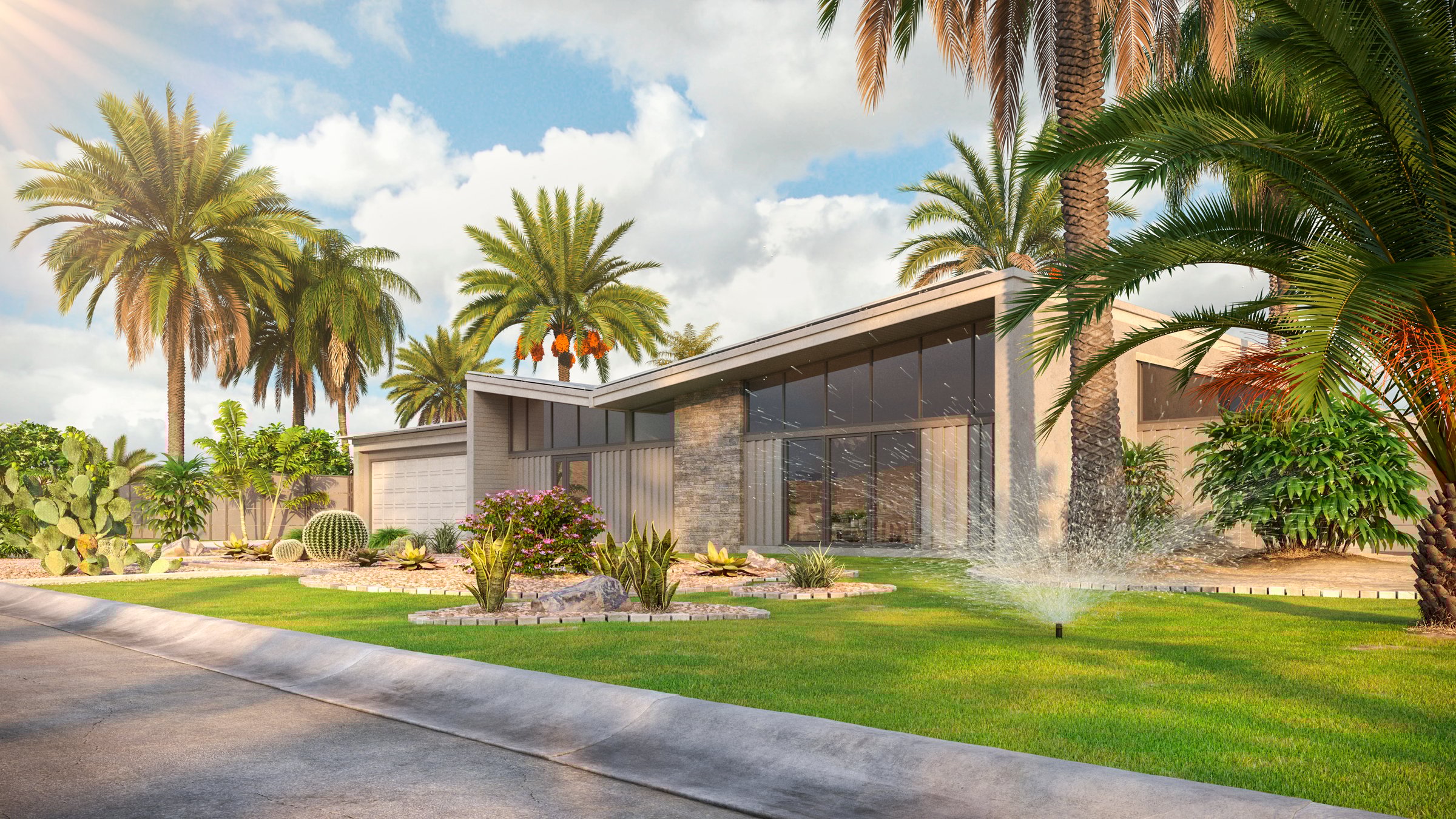 Modern house with solar panels on the roof in desert environment with palms 3d render