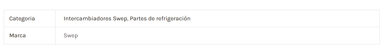 Table showing product information: Category - "Intercambiadores Swep, Partes de refrigeración"; Brand - "Swep."