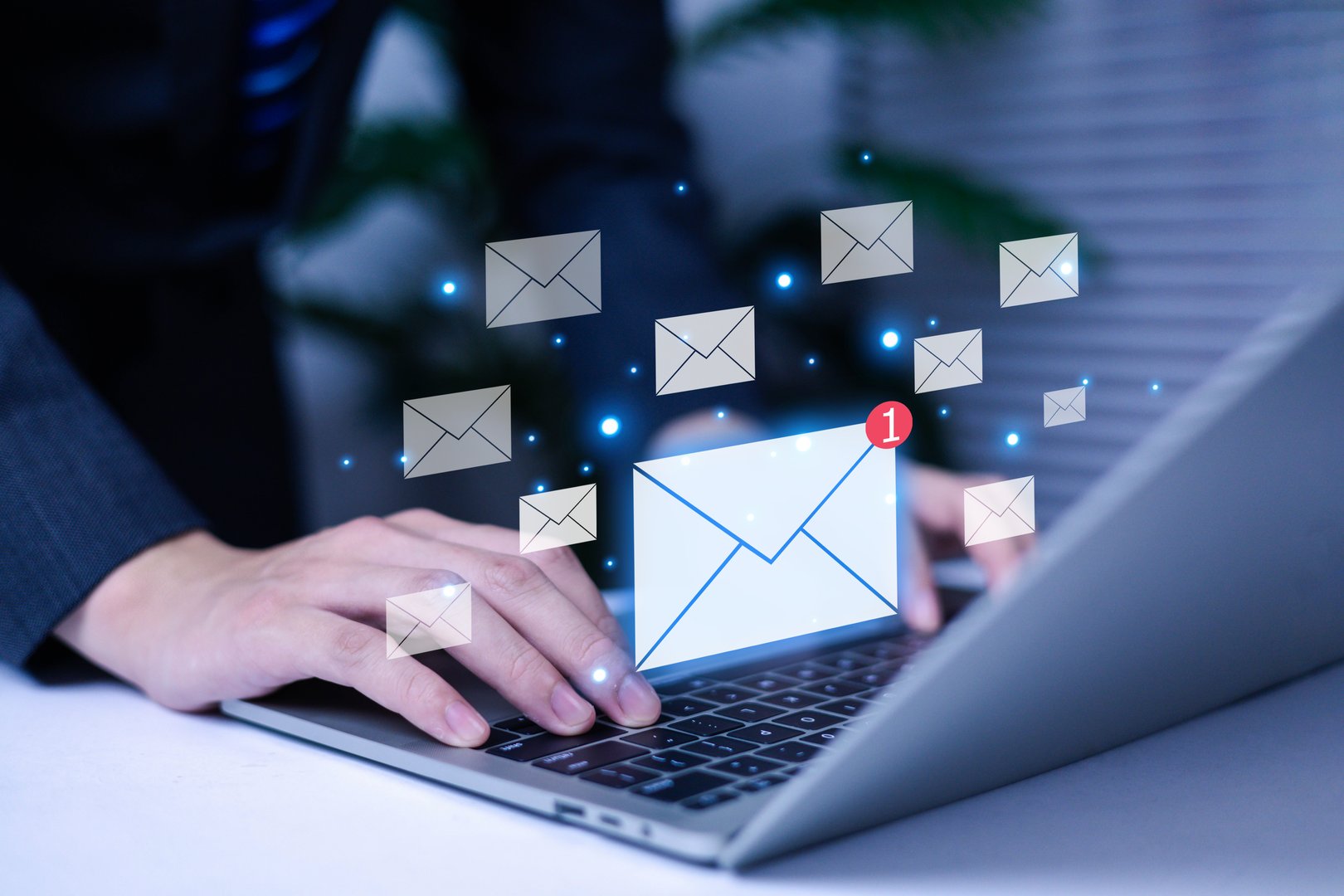 Email on virtual screen, new email notification concept for business email communication, internet technology, electronic message notification inbox