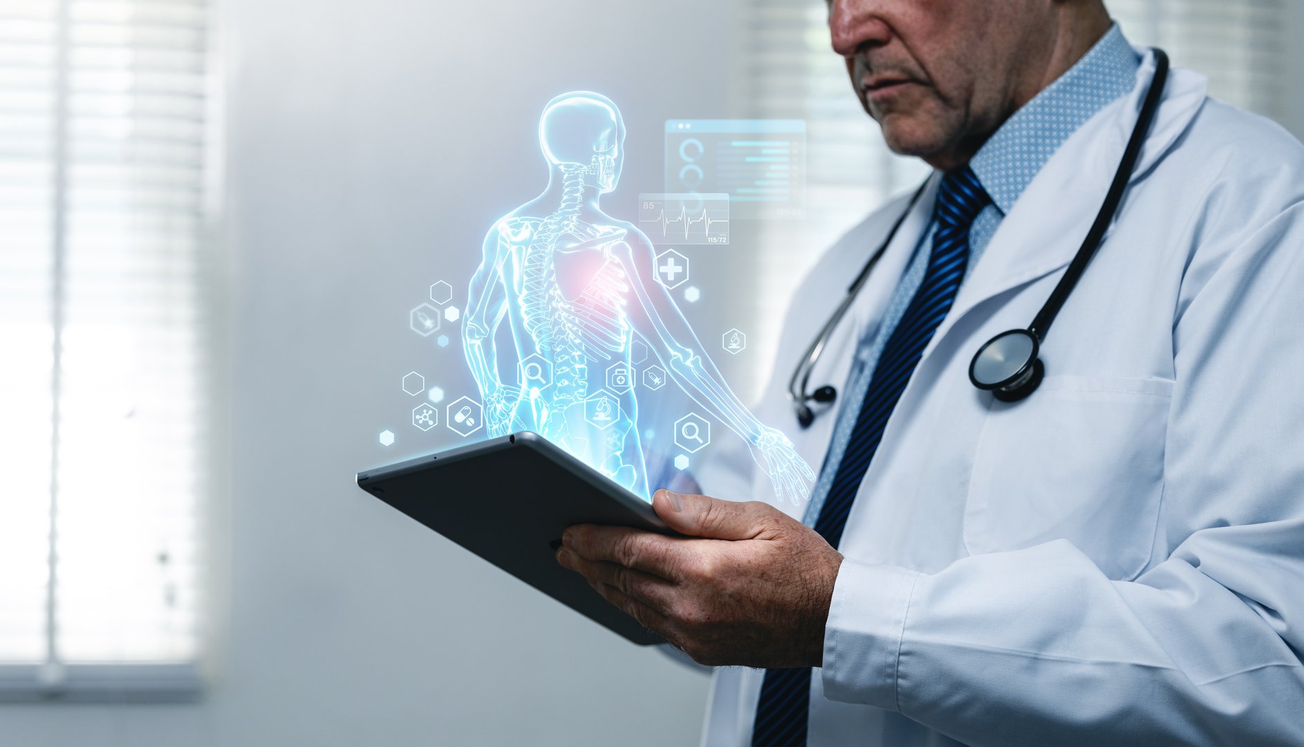 A doctor analyzes a 3D holographic human body scan on a digital tablet, utilizing artificial intelligence to assess health metrics.