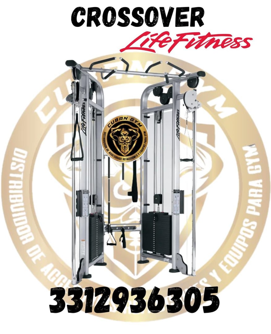 Life Fitness crossover machine with branding and contact number 3312936305 displayed over a Cuban Gym background logo.