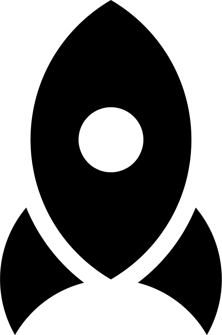 Black abstract rocket icon with a central oval shape on a white background.