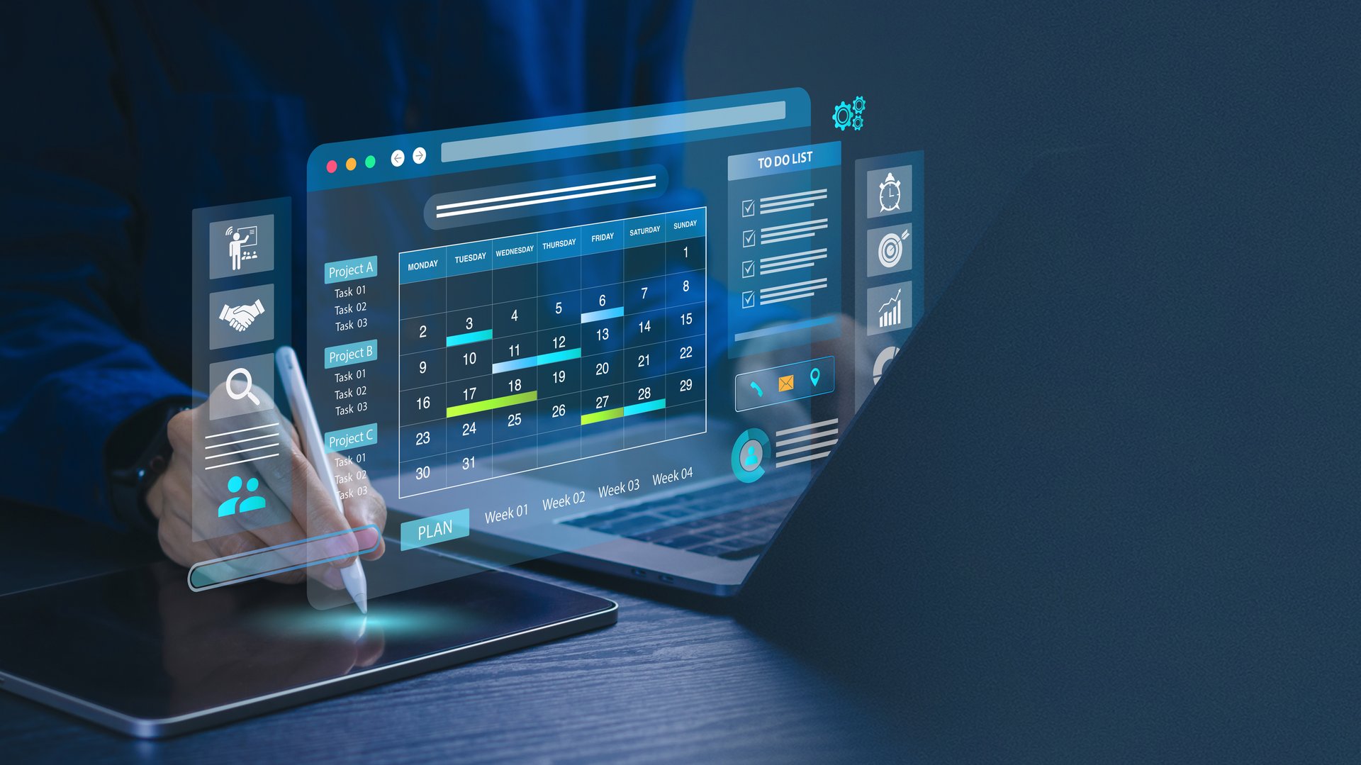 Business Planning Calendar Agenda work schedule and Project management concept. Businessman manages time for effective work with Calendar on virtual screen. Time management. Reminder appointment.