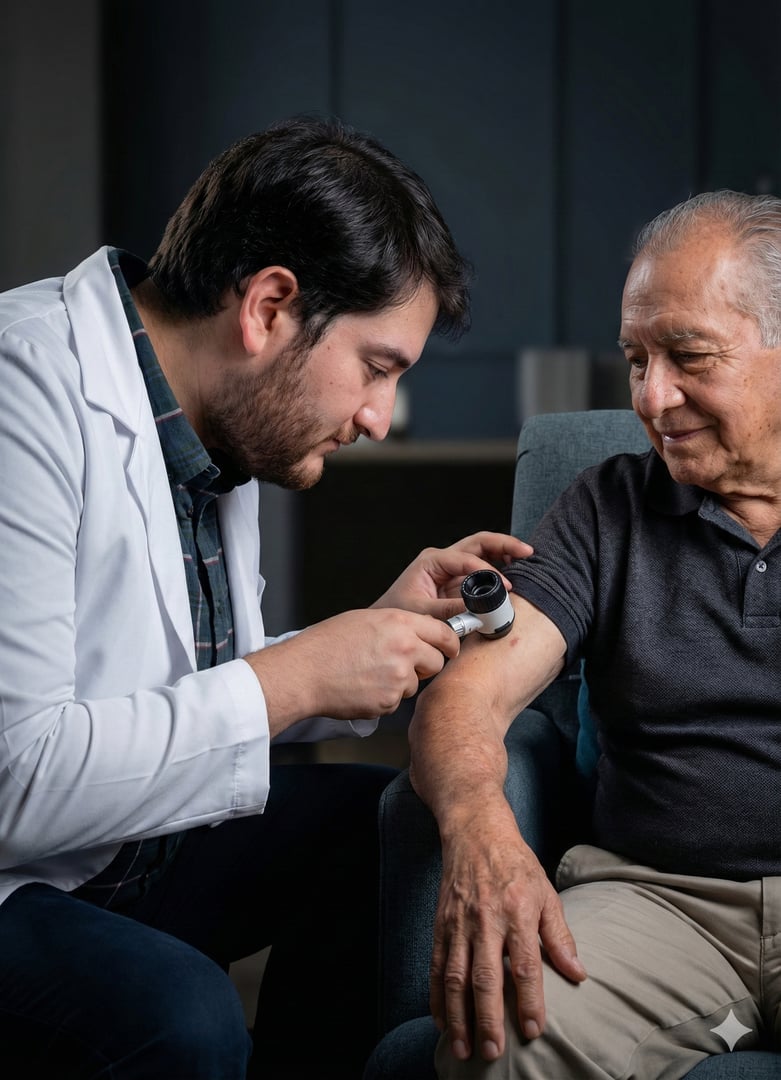 Tablet, old woman and caregiver in home for healthcare, results or consultation. Nurse, technology and happy senior patient in retirement for homecare, medical service or checkup with wellness update