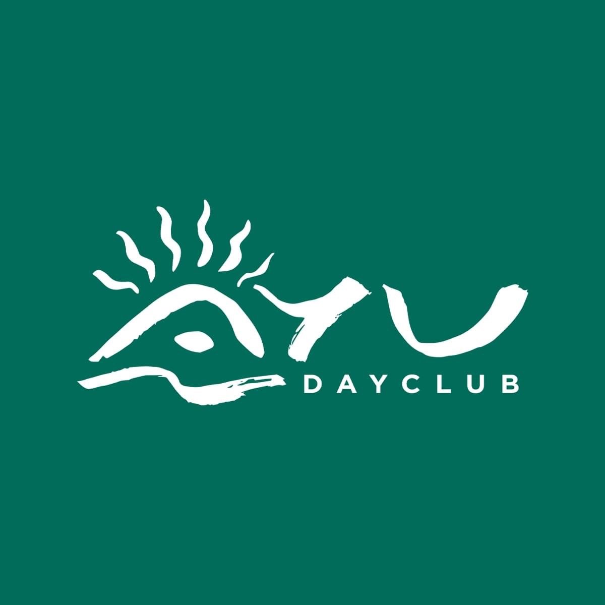 Logo of Ayu Dayclub with a stylized eye and sun design on a green background.