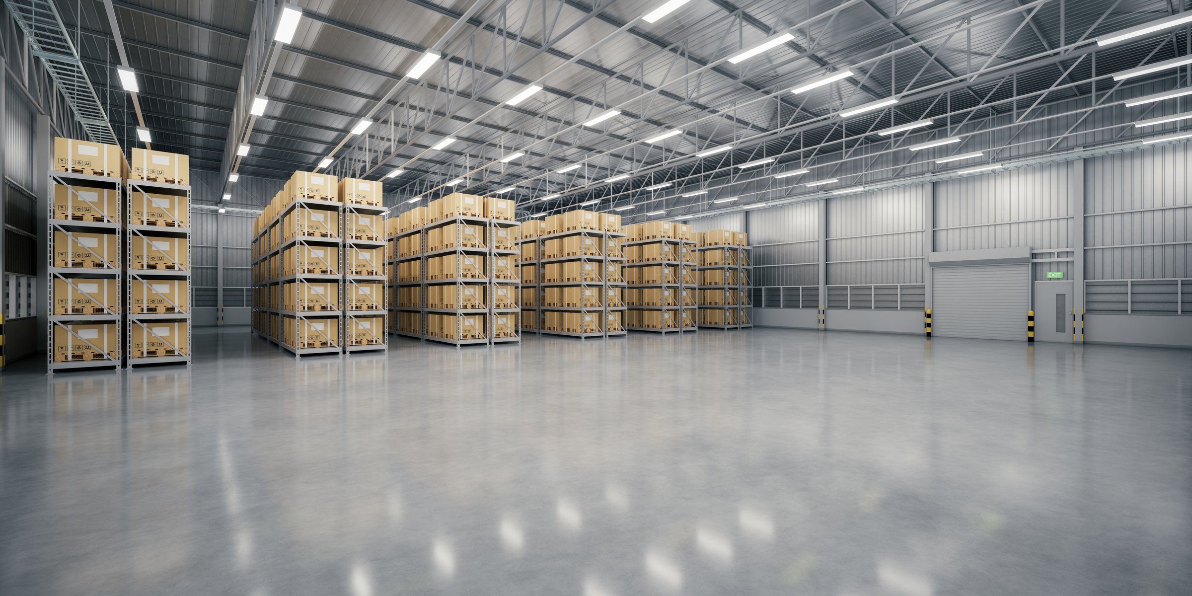 3d rendering of warehouse industry building interior. known as distribution center, retail warehouse. Included cardboard box on shelf, empty space on concrete floor suit for industrial background.