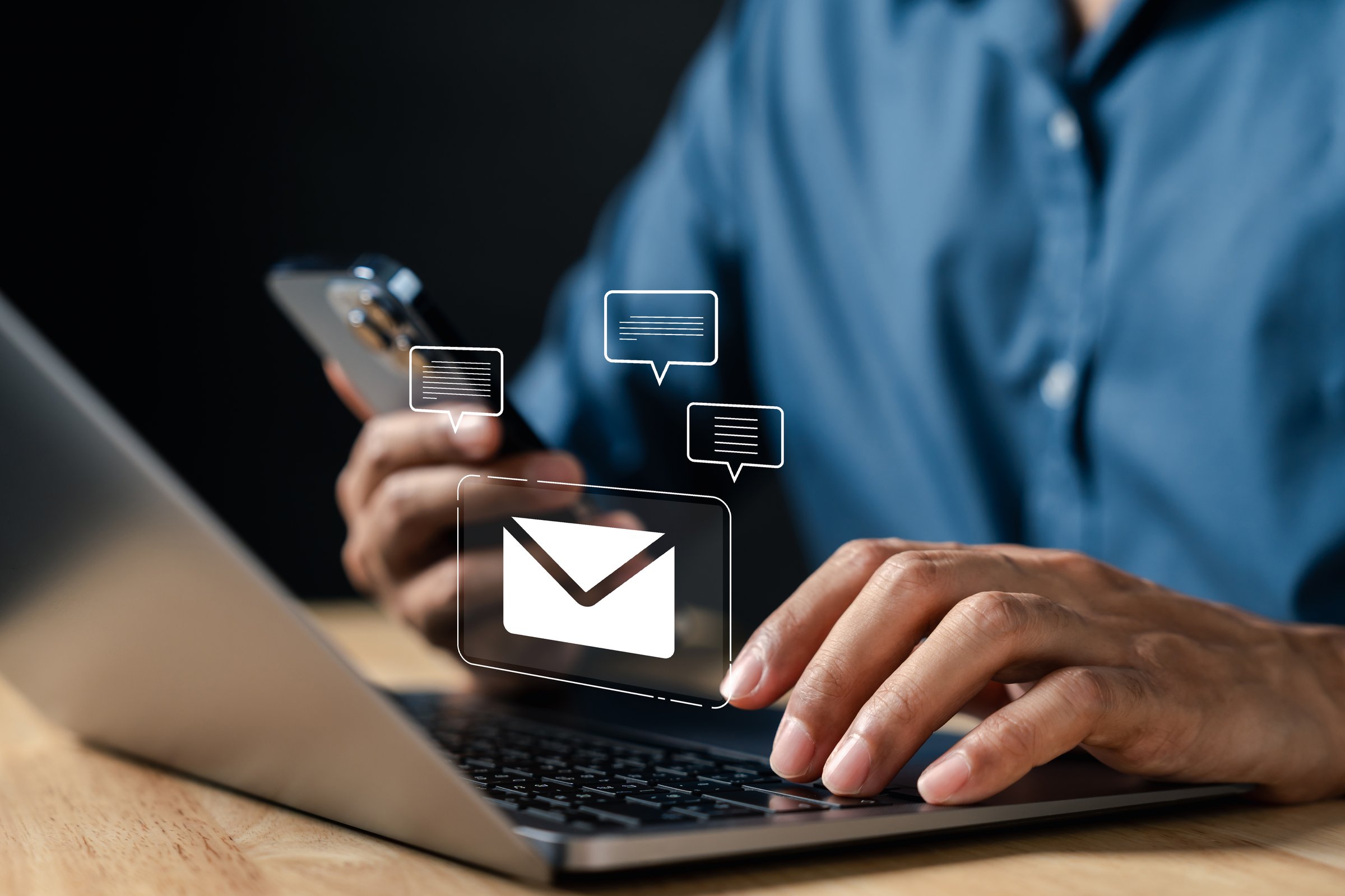 Email communication via digital device message sending, chat notifications, and online conversation. Perfect for business communication, marketing platforms, and remote digital workflows.