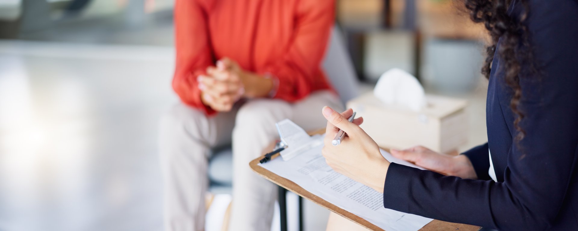 Clipboard, therapy and listening with people hands for depression, mental health or psychology advice, support and evaluation. Therapist consulting client with checklist for counseling or psychology