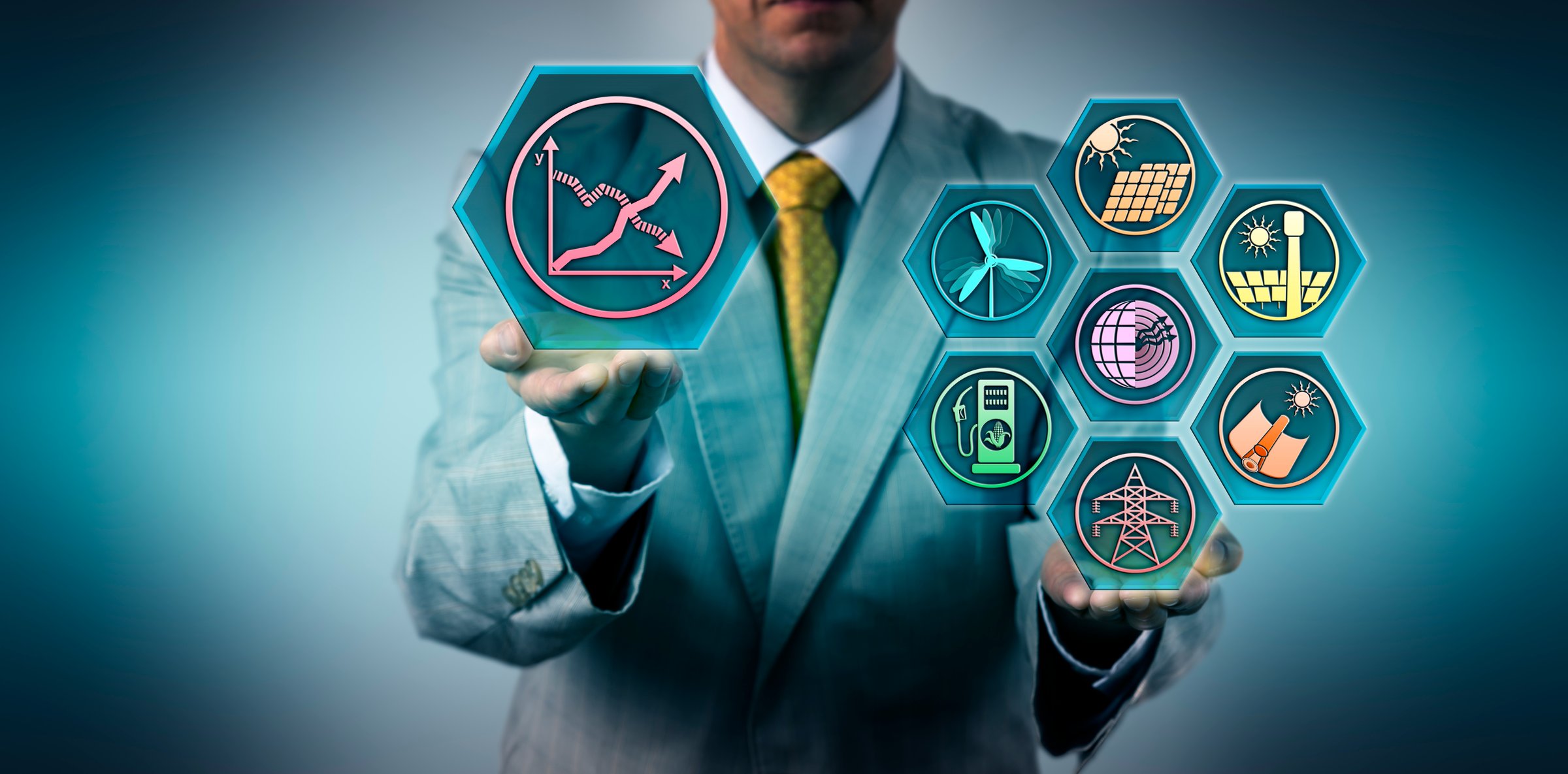 Executive evaluating the energy efficiency of renewable resources. Industry and technology concept for sustainability, electric power generation via sustainable sources, environmental conservation.