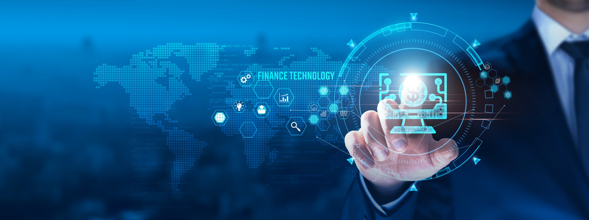Finance Technology concept: Businessman touching Finance Technology on virtual interface, blockchain, secure transactions, financial analytics, customer engagement, automated processes.