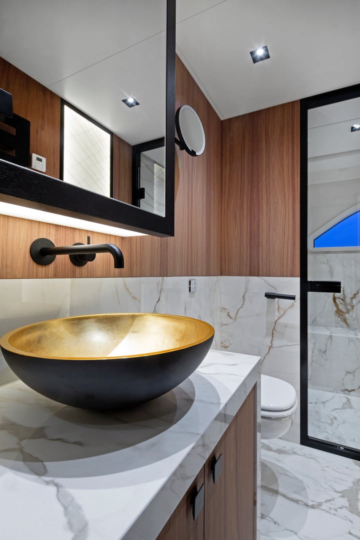 Interior of a luxury yacht. Interior design. Yacht building industry. Bathroom.