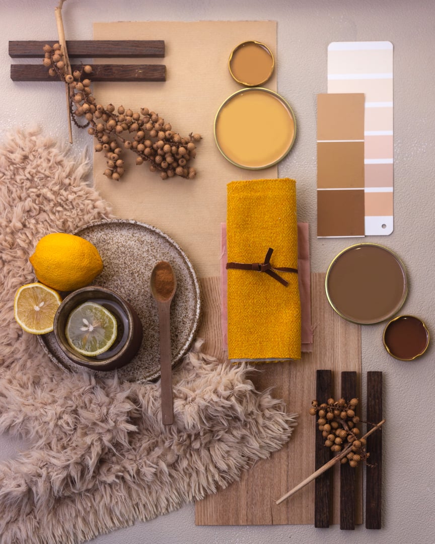 Color palette mood board for interior design and decor