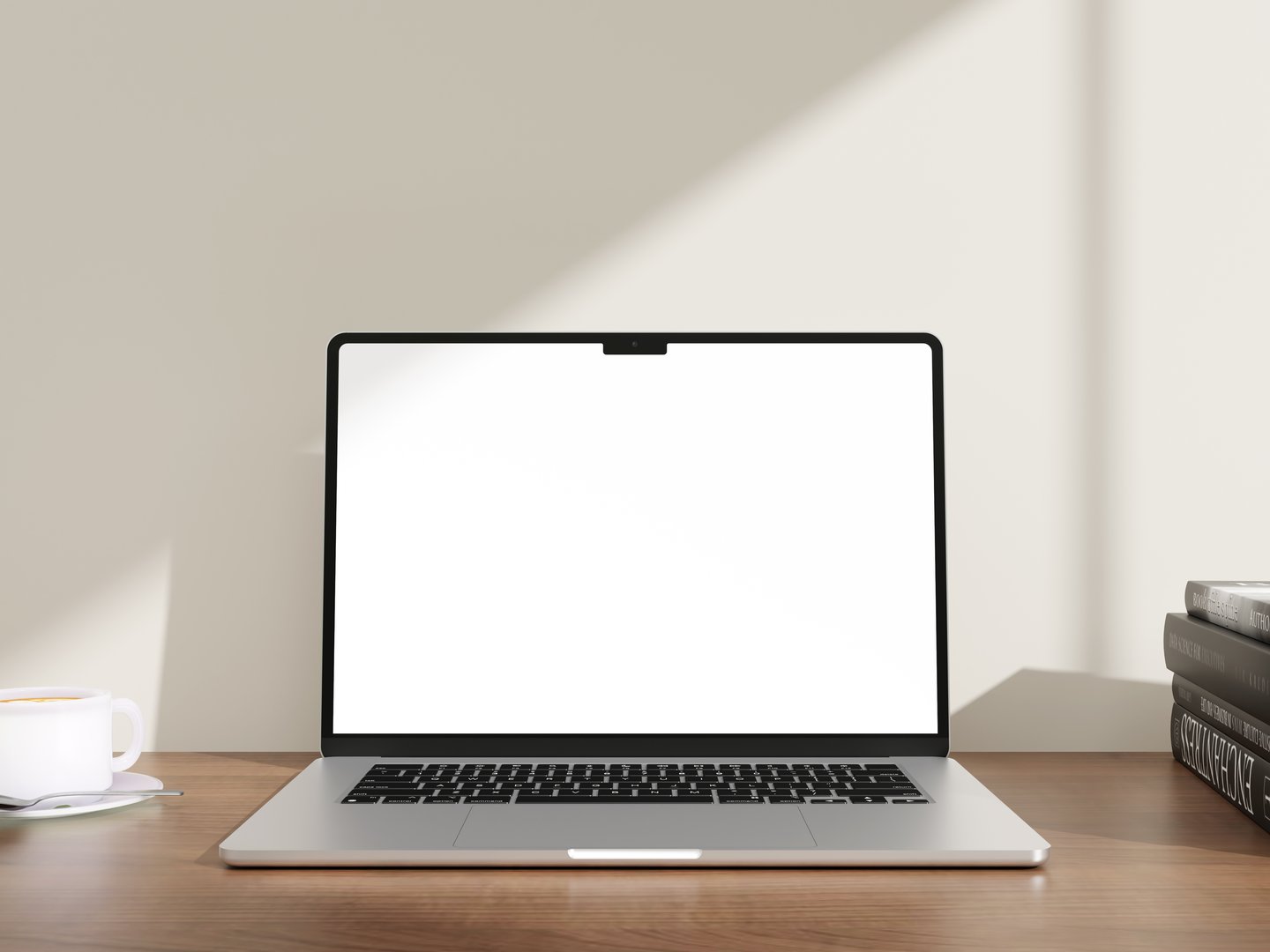 Laptop computer blank screen on table in wall background