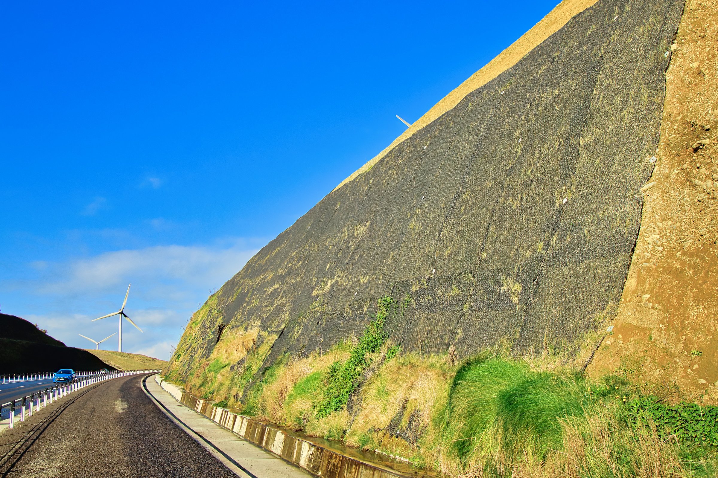 Te Ahu a Turanga expressway hill cut that shows how the grass has started to grow through the wall on netting to help keepm the wall cut stable.