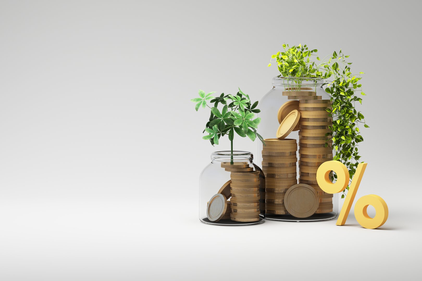 Two money trees growing from jars filled with coins and a golden percent sign, illustrating interest, profit, and investment growth. 3d rendering