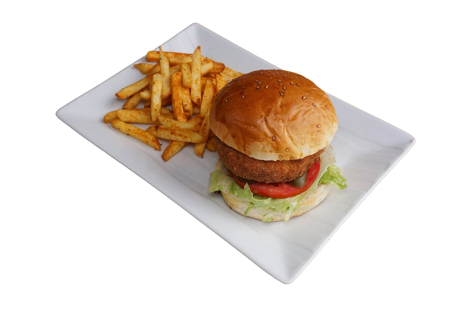 Vegetarian burger and fries, isolated on white background