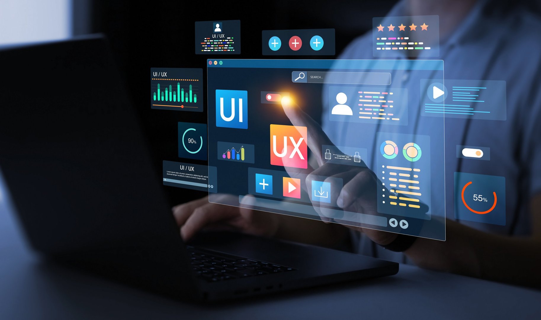 Person interacting with digital UI/UX interface on laptop, featuring various icons and data visualizations.