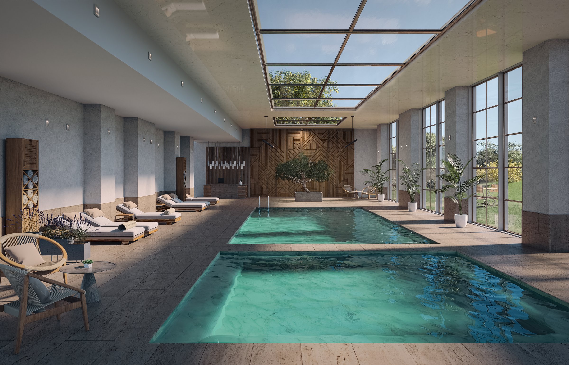 Swimming pool of luxury hotel as part of spa and wellness center with beautiful turquoise water at bright day.