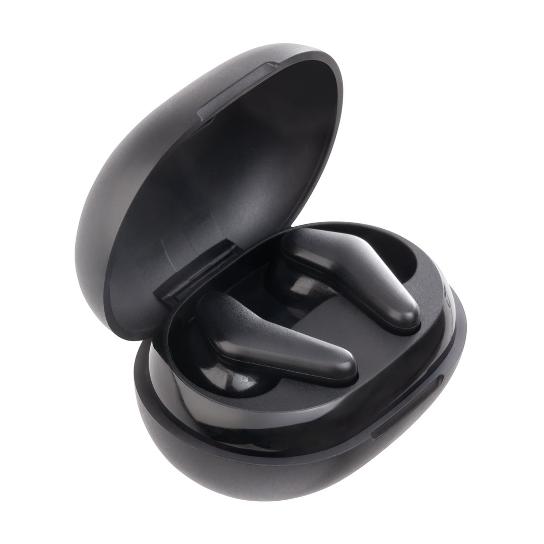 black earphones inside the case isolated on white background suitable for listening to music or talking on your smartphone