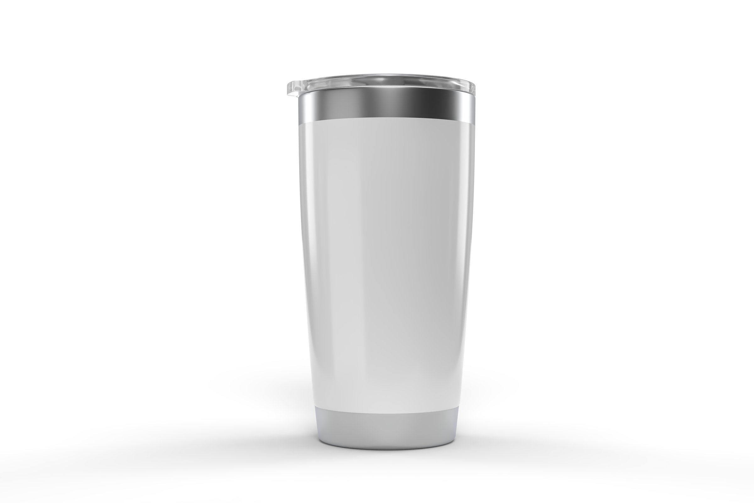 3D Stainless steel tumbler mockup with transparent plastic lid. Blank Insulated container aluminium mug isolated on background. Template for presentation branding product, thermos glass, beverage cup