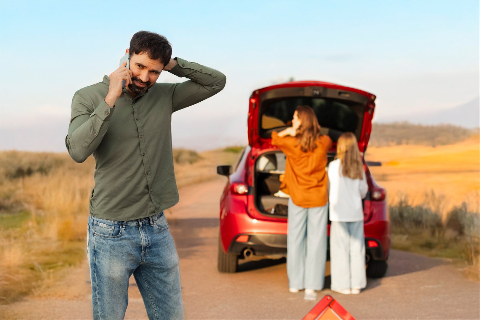 Man calling on cellphone, standing in front of broken car on the way to vacation, woman and girl standing near automobile with open trunk