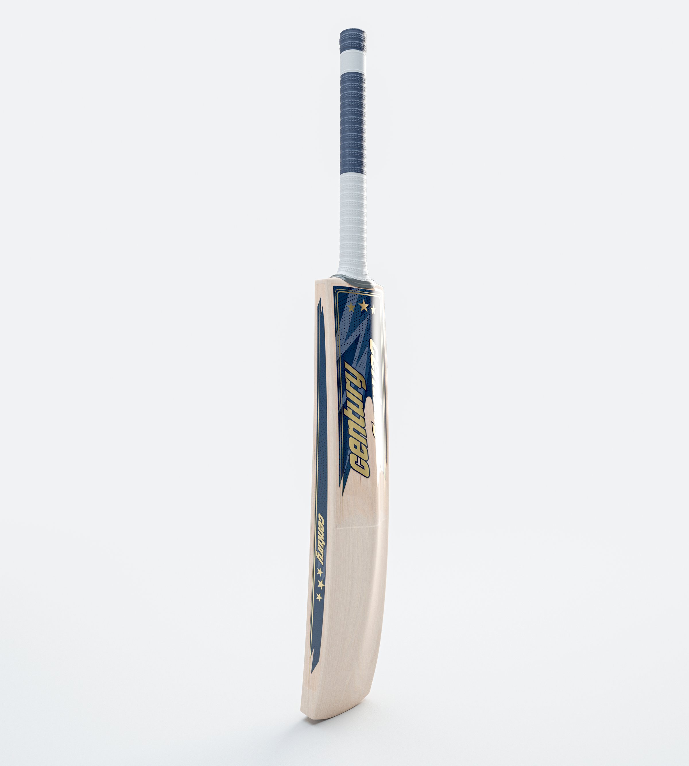 A modern wooden cricket bat with generic brand decals on an isolated white background - 3D render