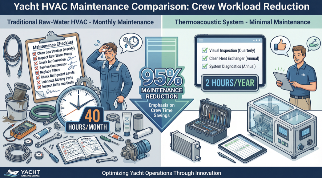 Yacht crew engineer benefiting from low-maintenance thermoacoustic HVAC