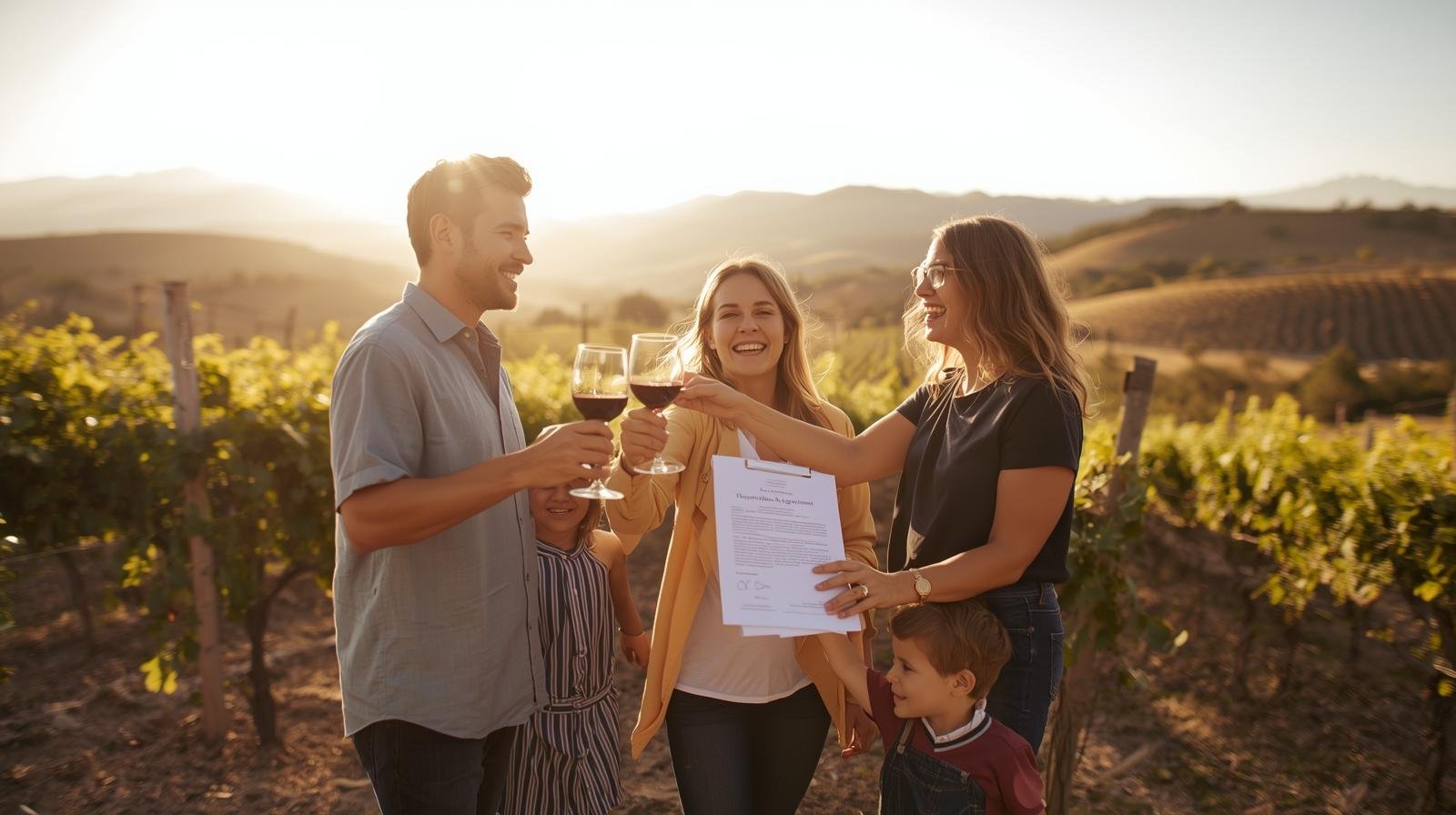 Familia brindando en viñedo