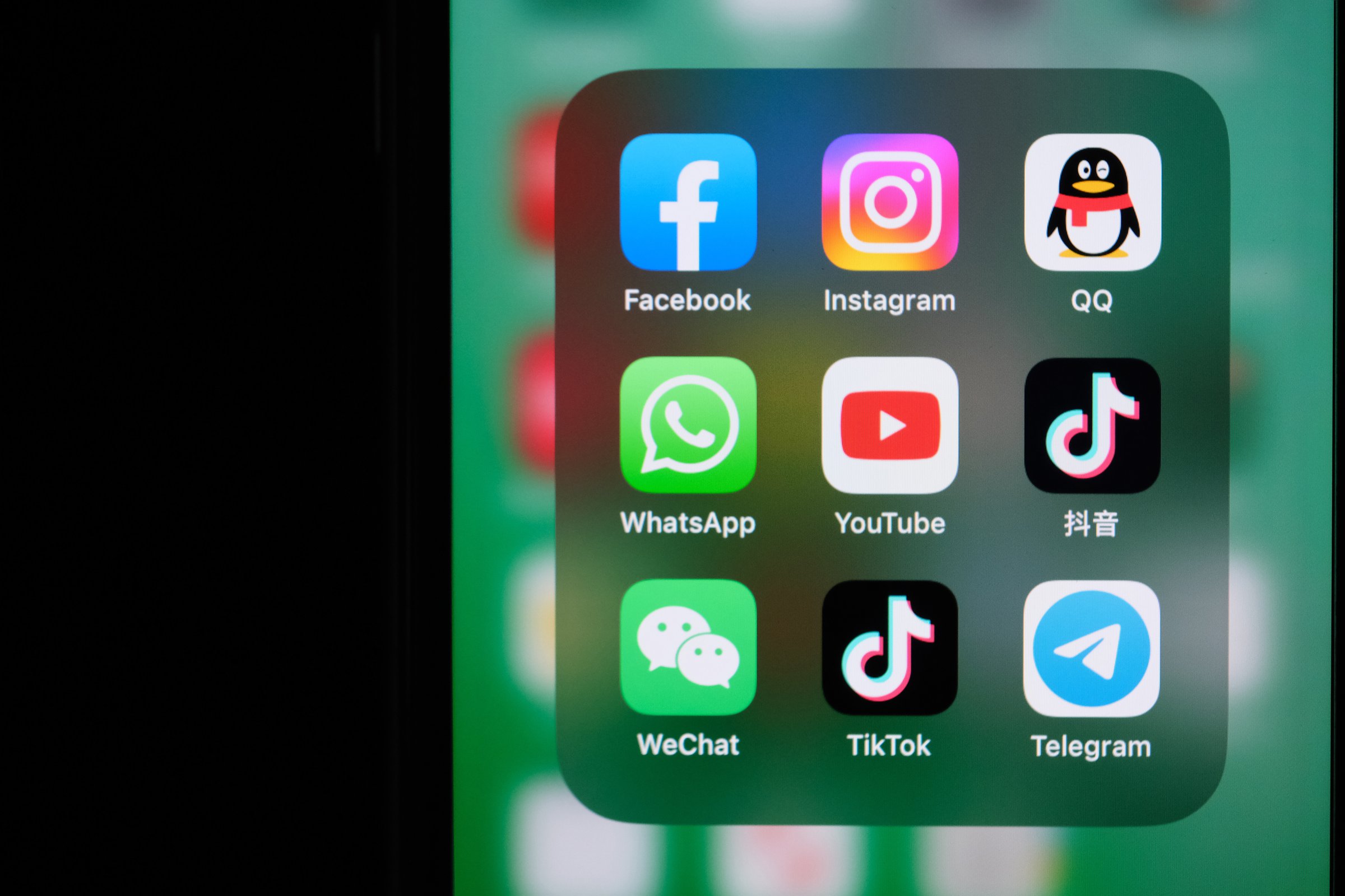 Shanghai,China-June 13st 2023: YouTube, WhatsApp, Facebook, WeChat, Instagram, Tencent QQ, TikTok, Douyin and Telegram App icon on screen. Assorted social media and social networking service brands