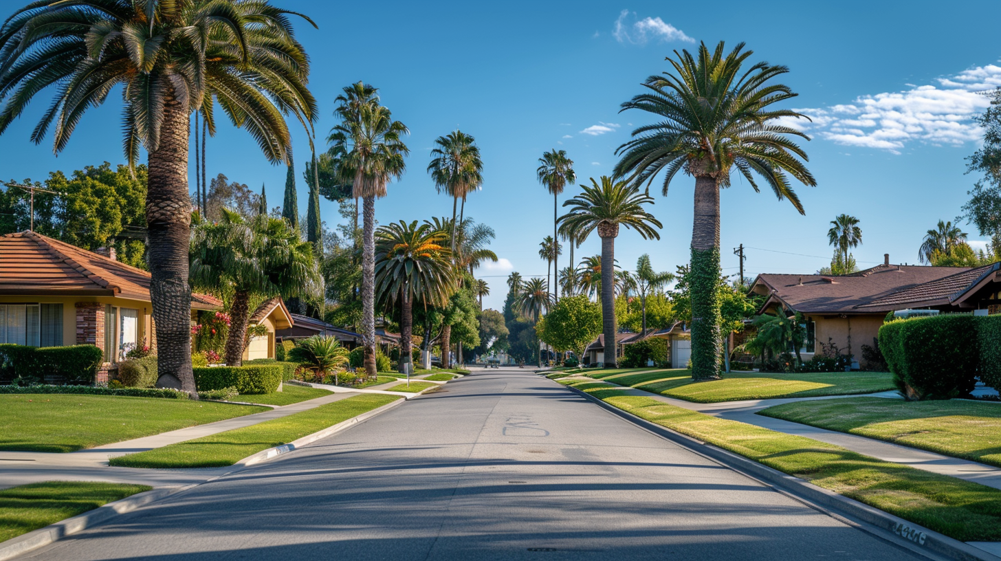 Quiet tree-lined residential street with palm trees and single-family homes in West Los Angeles