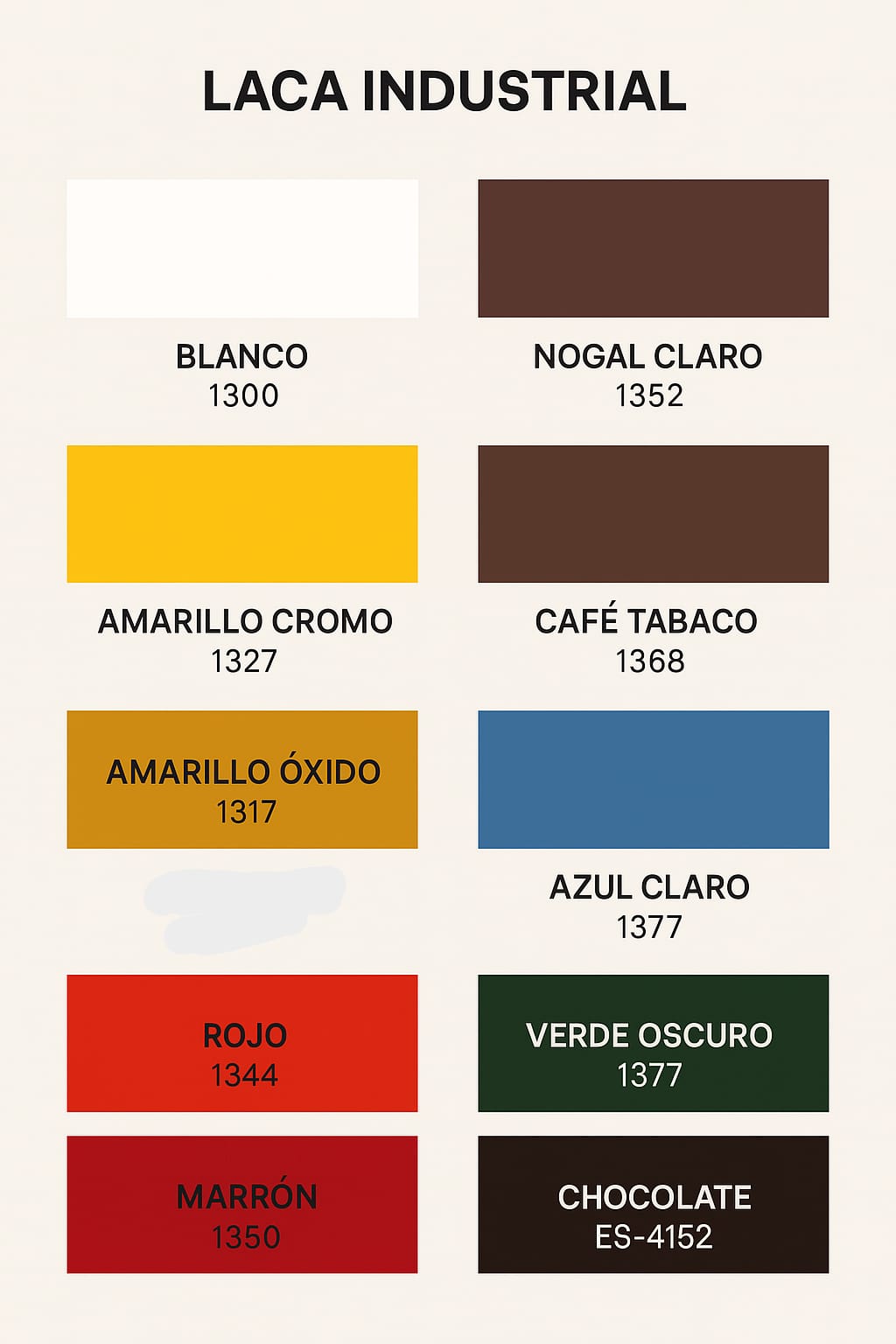 Color chart for industrial lacquer with 10 shades, including white, yellow, red, blue, green, and various browns.