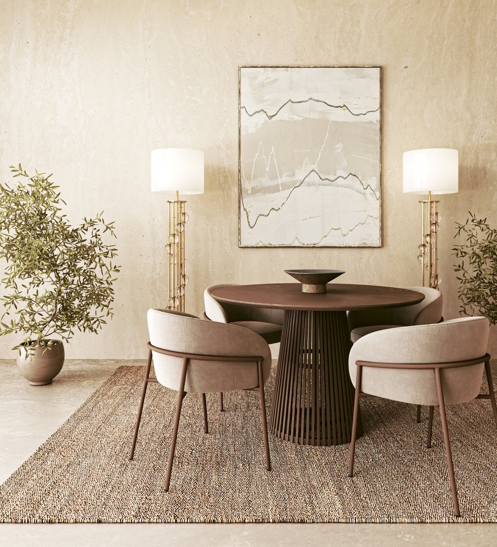This stylish and inviting dining area showcases a beautifully round table, chic chairs, and contemporary decor details, 3d rendering
