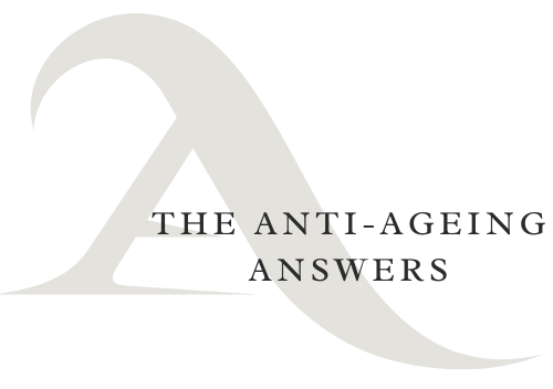 Stylized gray letter 'A' with text "THE ANTI-AGEING ANSWERS" overlaying it in black capital letters.